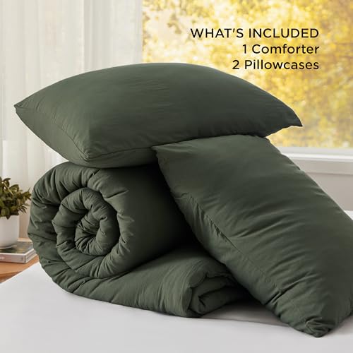 Bedsure Queen Comforter Set, Dark Green Soft Prewashed Bedding for All Seasons, 3 Pieces GentleSoft™ Bed Set, 1 Lightweight Comforter (90"x90") and 2 Pillowcases (20"x26") Bedsure