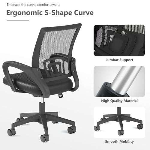 OS MOTOR Home Office Chair, Ergonomic Mid-Back Mesh Desk Chair with Lumbar Support, Adjustable Swivel Rolling Design, Comfy Armrest for Work, Study, Gaming, Vanity, Black OS MOTOR