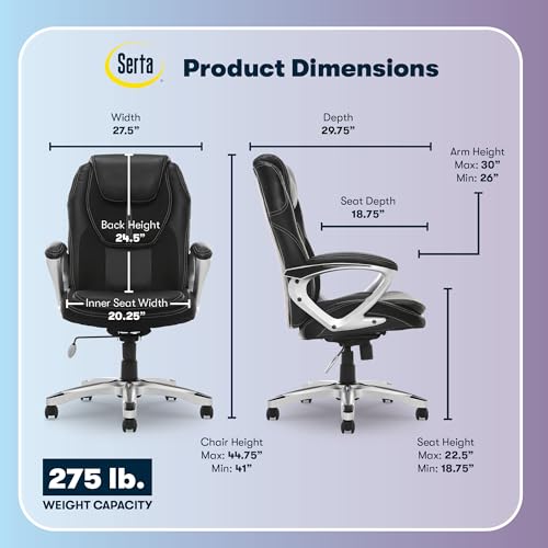 Serta Amplify Executive Office Chair with Faux Leather and Mesh, Adjustable Ergonomic Comfy Seat with Lumbar Support, Modern Computer DeskChairs, Swivel Rolling Wheels, Black Serta