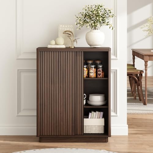 WINWY Fluted Shoe Cabinet with Sliding Door, 6-Tier Large Hidden Storage Organizer Modern Shoe Rack with Adjustable Shelves, Mid Century Freestanding Wooden Shoe Storage Cabinet for Entryway,Walnut WINWY