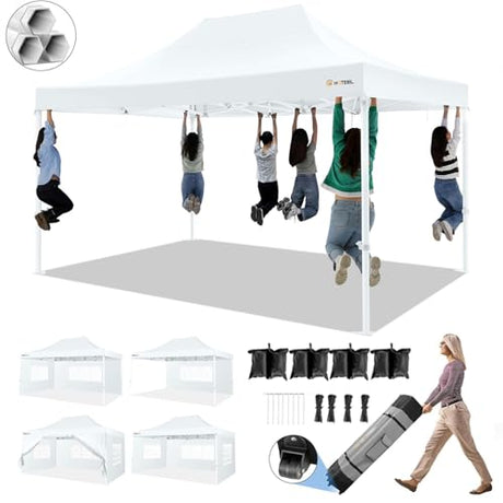HOTEEL 10x15 Pop up Canopy Tent for Parties, Heavy Duty Easy Setup Tent with 4 Sidewalls, Outdoor Commercial Instant Gazebo for Wedding Event, with Roller Bag & Sand Bags, White(Hexagonal Frame) Hoteel