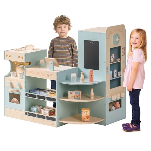 ROBUD Grocery Store Playset, Kids Play Store, Wooden Supermarket Playset with Cash Register, Chalkboard, Vending Machine, Coffee Machine, Oven, Play Food Accessories, Gift for Boys Girls 3+ ROBUD