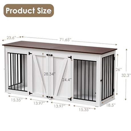 Zamildon's 71 in Dog Crate Furniture for 1 or 2 Dogs, Large Double Dog Kennel Furniture TV Stand, Furniture Style Dog Crates End Table with Removable Divider, Dog Kennel Indoor Zamildon's