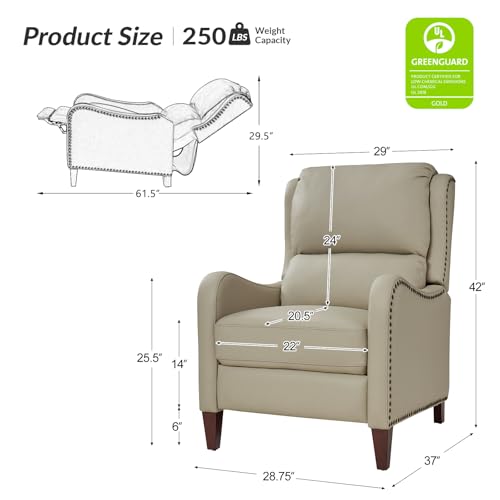 HULALA HOME Genuine Leather Recliner Chair, Modern Push Back Recliner Armchair with Thick Seat, Backrest & Footrest, Nailhead Decor for Living Room, Bedroom, Beige