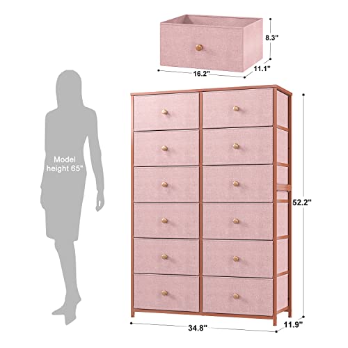 EnHomee Dresser with 12 Drawers, Tall Dressers for Girls Bedroom with Wood Top Metal Frame, Chest of Drawers for Bedroom, Closets, Pink, 11.9" D x 34.8" W x 52.2" H EnHomee