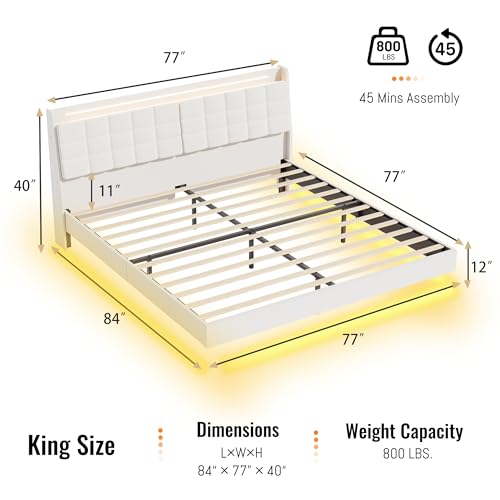 USHOW Floating Bed Frame King Size with Storage Headboard, Upholstered Bed Frame with LED Lights and Charging Station, No Box Spring Needed, Beige USHOW