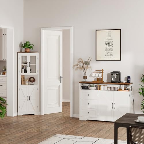 47" Antique White Storage Cabinet with Doors & Drawers, Farmhouse Sideboard Buffet Cabinet with Storage, Kitchen Pantry Hutch Cabinet, Coffee Bar Station Table for Kitchen, Livingroom, Dining Room FiveWillowise