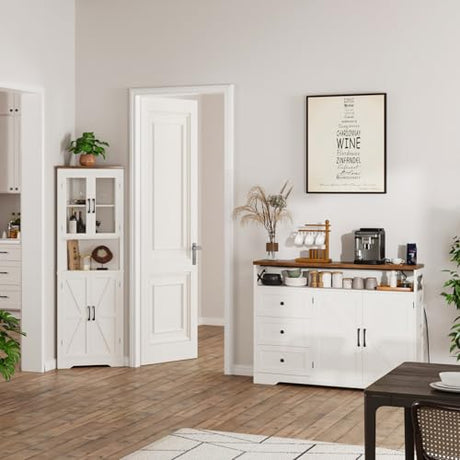 47" Antique White Storage Cabinet with Doors & Drawers, Farmhouse Sideboard Buffet Cabinet with Storage, Kitchen Pantry Hutch Cabinet, Coffee Bar Station Table for Kitchen, Livingroom, Dining Room FiveWillowise