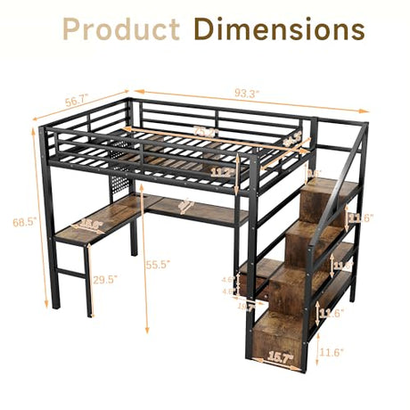 Full size Loft Bed with LED Light and Stairs, Metal Loft Bed Frame with Desk, Storage Drawers & Shelves, Hanging Rod, Gaming Lofts Beds with Charging Station for Adults Teens Kids Gamer, Black Mirightone