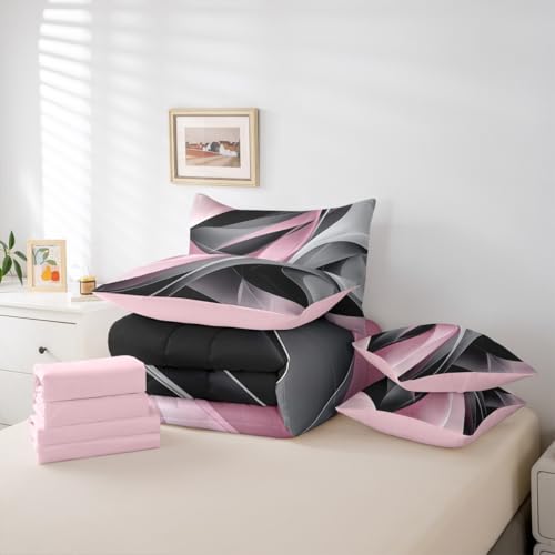 Pink Gray Black Spiral Full 7 Piece Bedding Set For Kids Teen Adults,Black Grey Abstract Stripes Geometric Bed In A Bag Modern Minimalists Swirls Comforter Set With Sheets Contemporary Art Bed Set Erosebridal