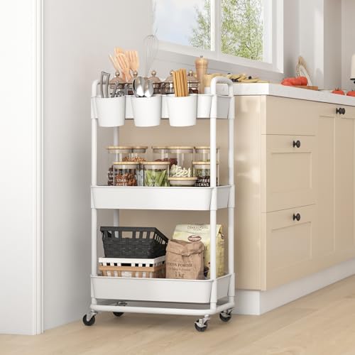 JIUYOTREE 3-Tier Plastic Rolling Storage Cart Utility Cart with Extra Hanging Cups Handles Lockable Wheels for Living Room Bathroom Kitchen Office White JIUYOTREE