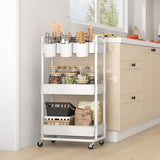 JIUYOTREE 3-Tier Plastic Rolling Storage Cart Utility Cart with Extra Hanging Cups Handles Lockable Wheels for Living Room Bathroom Kitchen Office White JIUYOTREE