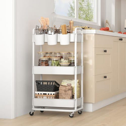 JIUYOTREE 3-Tier Plastic Rolling Storage Cart Utility Cart with Extra Hanging Cups Handles Lockable Wheels for Living Room Bathroom Kitchen Office White - WoodArtSupply