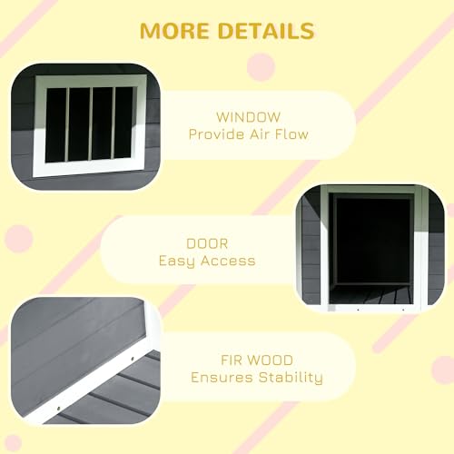 PawHut Outdoor Dog House Cabin Style, Wooden Raised Pet Kennel with Asphalt Roof, Front Door, Side Window, Porch for Medium/Large Dogs, Loading 53 Lbs., Grey PawHut