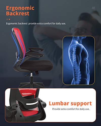 Home Office Chair Ergonomic Desk Chair Mesh Computer Chair with Lumbar Support Flip-up Arms Swivel Rolling Executive Task Chair Adjustable Chair for Adults(Red) BestOffice