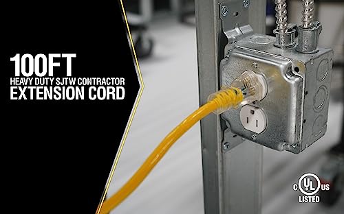 Yellow Jacket Heavy Duty Extension Cord, 100Ft, 12 Gauge, 3 Conductor, Lighted End, Weather Resistant, SJTW, Yellow, 2885 Yellow Jacket