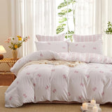 Bildenly Pink Bow Duvet Cover Twin Size Reversible White Pink Bows Striped Bedding Set Kids Girls Cute Comforter Cover Set Soft Breathable Microfiber Quilt Cover with Zipper Closure and 1 Pillowcase Bildenly
