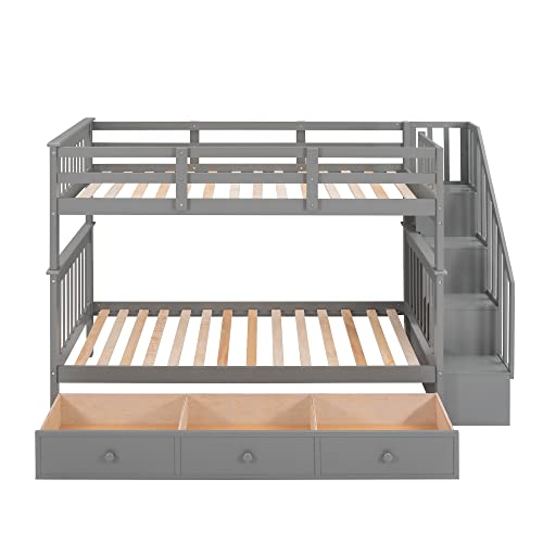 Harper & Bright Designs Twin Over Twin Bunk Bed with Three Drawers and Storage Staircase, Solid Wood Bunk Bed Frame with Guardrails for Bedroom, Guest Room, No Box Spring Required, Space Saving, Gray Harper & Bright Designs