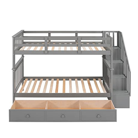 Harper & Bright Designs Twin Over Twin Bunk Bed with Three Drawers and Storage Staircase, Solid Wood Bunk Bed Frame with Guardrails for Bedroom, Guest Room, No Box Spring Required, Space Saving, Gray Harper & Bright Designs