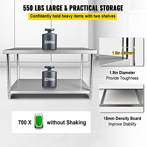 VEVOR Stainless Steel Prep Table, 72 x 30 x 34 Inch, 550lbs Load Capacity Heavy Duty Metal Worktable with Adjustable Undershelf, Commercial Workstation for Kitchen Restaurant Garage Backyard VEVOR