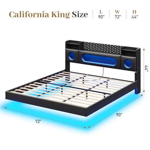 California King Bed Frames,Cal King Bed Frame with Hidden Storage Headboard & LED Light and Charging Station,Floating Bed Frame No Box Spring Needed,Leather Floating Bed Noise-Free,Easy Assembly BYSAUD