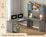 SEDETA Farmhouse L Shaped Desk with Hutch and 3 Drawers, 68.9" Executive Office Desk with File Drawer and Power Outlet, Corner Computer Desk with Storage Shelves for Home Office (Grey) SEDETA
