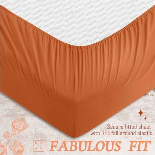 vveiiye King Fitted Sheet with 2 Pillowcase Soft Microfiber Sheet Set 16" Deep Pocket Bed Sheets, Wrinkle Free and Easy Care Bottom Sheet for King Size Bed, Burnt Orange vveiiye