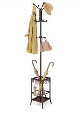 Hoctieon Coat Rack Freestanding, Coat Tree with Umbrella Holder, Metal Coat Rack Stand with 12 Hooks, Standing Coat Hanger Stand, Umbrella Stand for Entryway, Hat Rack Stand for Home Office, Brown Hoctieon