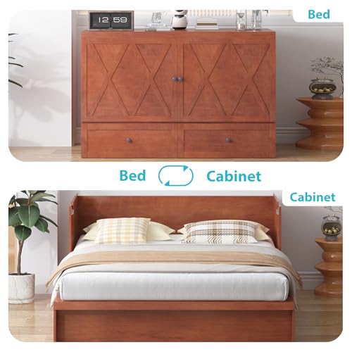 CECER Queen Size Murphy Bed with Tri-Folding Mattress，Murphy Bed with Charging Station and Two Large Storage Drawers for Small Spaces/Bedroom（Maroon）-Mattress Include CECER