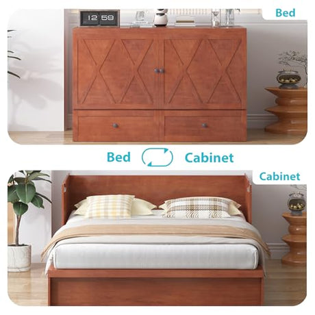 CECER Queen Size Murphy Bed with Tri-Folding Mattress，Murphy Bed with Charging Station and Two Large Storage Drawers for Small Spaces/Bedroom（Maroon）-Mattress Include CECER