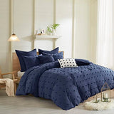 Intelligent Design Duvet Set 100% Cotton Jacquard, Tufts Accent, Shabby Chic All Season Cover for Comforter, Matching Shams, Decorative Pillows, Full/Queen (88 in x 92 in), Navy 7 Piece Intelligent Design