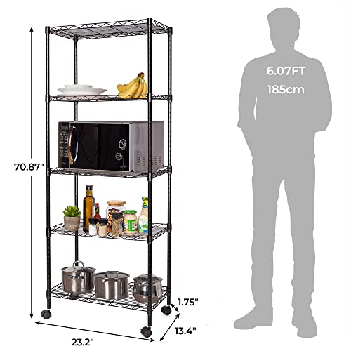 JS HANGER Wire Shelving Unit, 5-Tier Heavy Duty Height Adjustable Rolling Metal Shelves for Storage, 550 lbs Capacity, 23.23''W X 13.4''D X 71''H, Black JS HANGER
