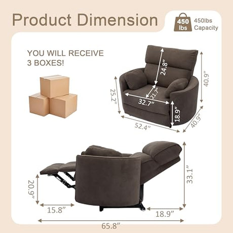 450lbs Oversized Power Recliner Chair, 53" Extra Wide Electric Recliner for Big and Tall Adults, Single Sofa with USB & Type-C Ports, Pillows, Chair for Living Room, Bedroom, Office (Brown) HORUDVEZE