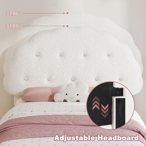Decofy Cookie Full Upholstered Bed Frame with LED Lights, Floating Bed Frames with Adjustable Headboard and Raised Footboard for Princess/Prince Bedroom, Teddy Velvet（White） Decofy