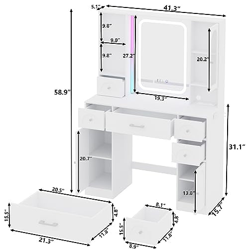 White Vanity Desk with Mirror and Lights,Makeup Vanity with RGB Lights and Power Strip,Makeup Desk Vanity Table with 5 Drawers Lots Storage & Time Display,3 Lighting Modes LED Lighted Mirror, - WoodArtSupply