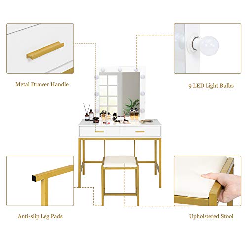 VINGLI 40" Vanity Set with Lighted Mirror and Stool,White Makeup Vanity Table Set with 9 Lights for Women,Bedroom Makeup Dressing Table with 2 Drawers and Stool,White&Gold VINGLI
