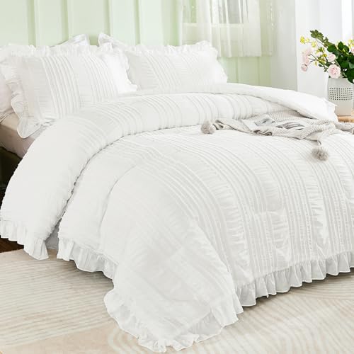 WONGS BEDDING White Queen Comforter Set,Boho Ruffle Comforter for Queen Bed,Soft Seersucker Shabby Chic Bedding Set with 1 Comforter,2 Tufted Pillowcases 90"×90" WONGS BEDDING