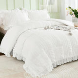 WONGS BEDDING White Queen Comforter Set,Boho Ruffle Comforter for Queen Bed,Soft Seersucker Shabby Chic Bedding Set with 1 Comforter,2 Tufted Pillowcases 90"×90" WONGS BEDDING