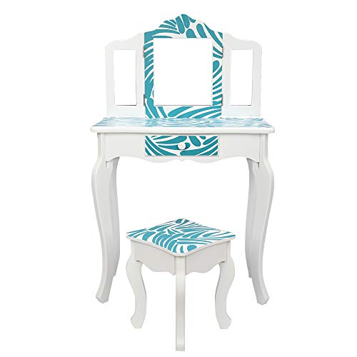 Ynredee Kids Vanity Set,Vanity Table and Chair with Three-Fold Mirror,Single-Drawing Curved Foot Children Dressing Table with Drawer (Blue and White) Ynredee