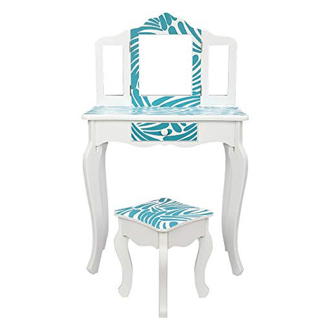 Ynredee Kids Vanity Set,Vanity Table and Chair with Three-Fold Mirror,Single-Drawing Curved Foot Children Dressing Table with Drawer (Blue and White) Ynredee