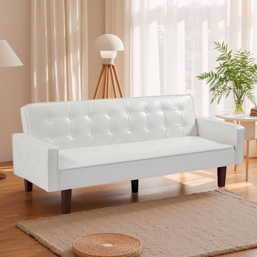 liuyouhom 74" Modern Futon Couch, Futon Sofa Bed, Mid Century Sofa Bed, Loveseat, Couches for Small Spaces, Living Room, Bedroom (Faux Leather, White) liuyouhom