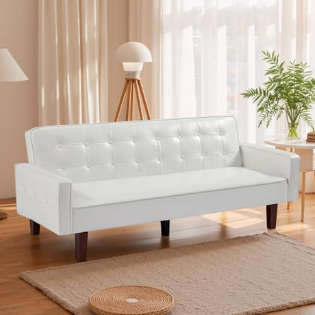 liuyouhom 74" Modern Futon Couch, Futon Sofa Bed, Mid Century Sofa Bed, Loveseat, Couches for Small Spaces, Living Room, Bedroom (Faux Leather, White) liuyouhom