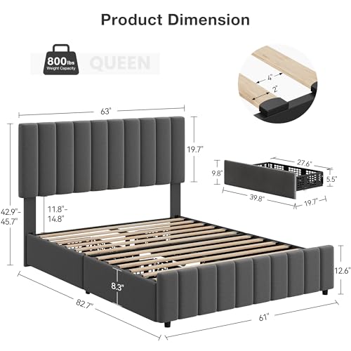 Garvee Queen Size Bed Frame with 4 Storage Drawers, Adjustable Height Headboard, Linen Upholstered Platform Bed Frame, No Box Spring Needed, Easy Assembly, Grey Garvee