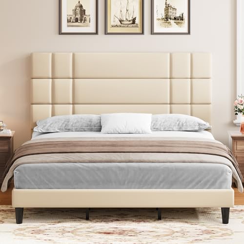 YITAHOME King Bed Frame with Upholstered Linen Headboard and Sturdy Wooden Slats - Beige - WoodArtSupply