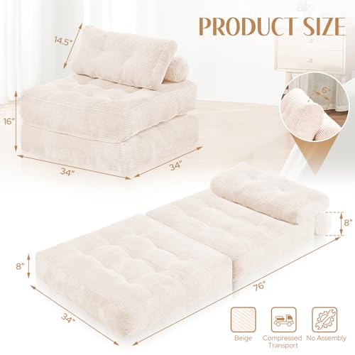 HABUTWAY Folding Sofa Bed, Convertible Sleeper Chair Bed w/Dual-Pillow & Handle, Foldable Floor Sofa Lounge w/Back Support for Living Room, Bedroom, Apartment, Office, Single, Beige HABUTWAY