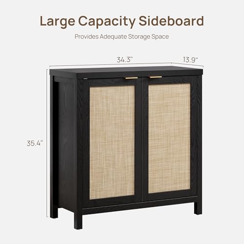 SICOTAS Sideboard Buffet Storage Cabinet - Boho Rattan Credenza Coffee Bar Cabinet with Large Storage, Farmhouse Console Buffet Table for Kitchen Living Room Entryway - 2 Black Pieces SICOTAS