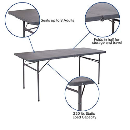 Flash Furniture 6' Rectangular Plastic Folding Event Table with Carrying Handle, Bi-Fold Portable Banquet Table for Indoor/Outdoor Events, Dark Gray - WoodArtSupply