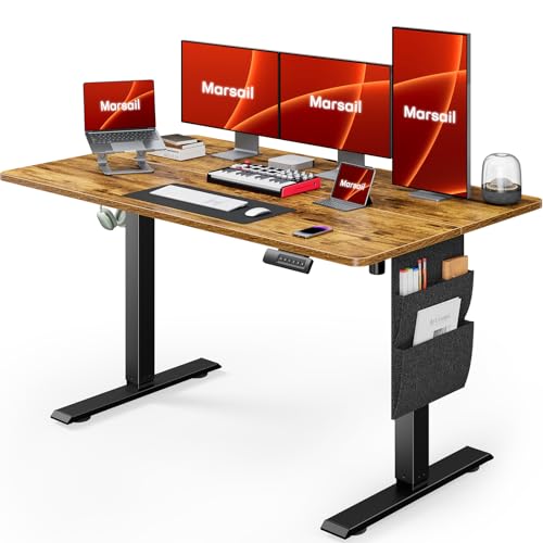 Marsail Standing Office Desk,Adjustable Heights,Stand Up Desk,55x28 Inches Desktop Sit Stand Home Office Gaming Computer Desk with 4 Memory Presets,Headphone Hook,Cable Organizer, Rustic Brown Marsail