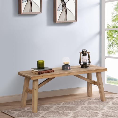 Sawmill Long Wood Bench, 43" Farmhouse Entryway Bench for Living Dining Room, Rustic Entry Way Benches Seat, Solid Wood, Handcraft Finshed, Natural Wnutrees
