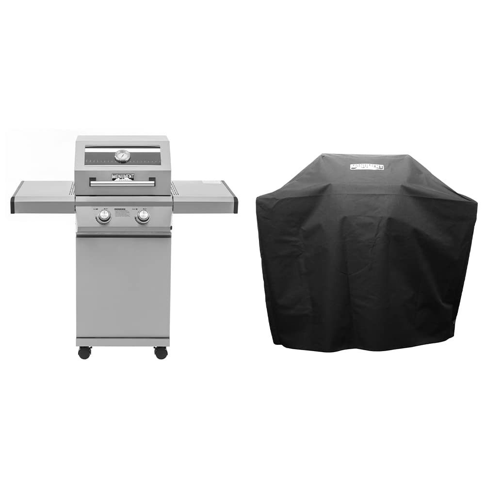 Monument Grills 14633 2-Burner Stainless Steel Liquid Propane Gas Grill with Clearview® Lid, Knob Controls with BBQ Cover(2 items)